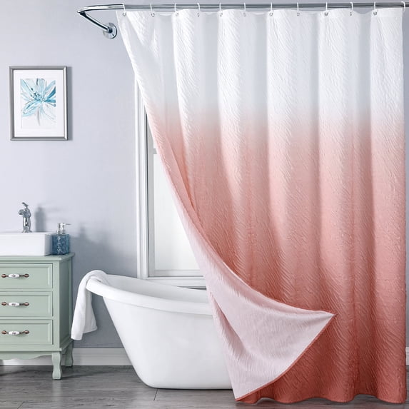 Textured Ombre Shower Curtain for Bathroom, 3D Embossed Ruffle Waterproof Shower Curtain, Fabric Farmhouse Style with 12 Hooks Set, 72x72 inch, Pink