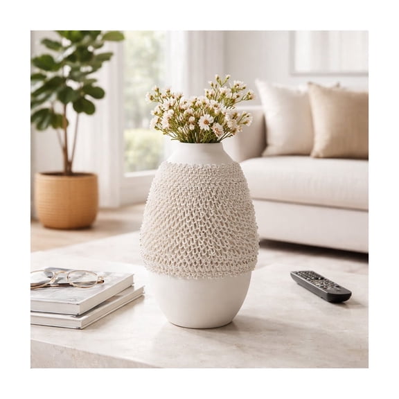 Textured Oval Vase for Living Room Decor - Modern Ceramic Flower Vase for Home, Room, Bedroom or Office Table Styling- Decorative Accent Sculpture Display for Kitchen Counter - 10", Ivory & Tan