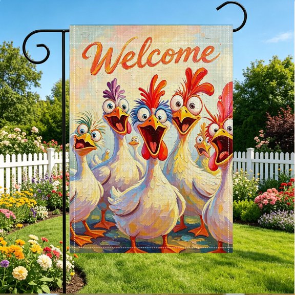 Textured Painted Welcome Chickens Funny Double Sided 2D Garden Flag, 12x18 Inch, Outdoor Housewarming Holiday Gift, No Flagpole