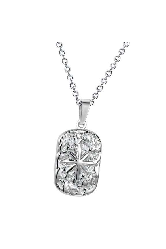 Textured Pendant Necklace Stainless Steel Rectangular Charm Sunray Detail Link Chain Jewelry Party Outfit Fashion Piece
