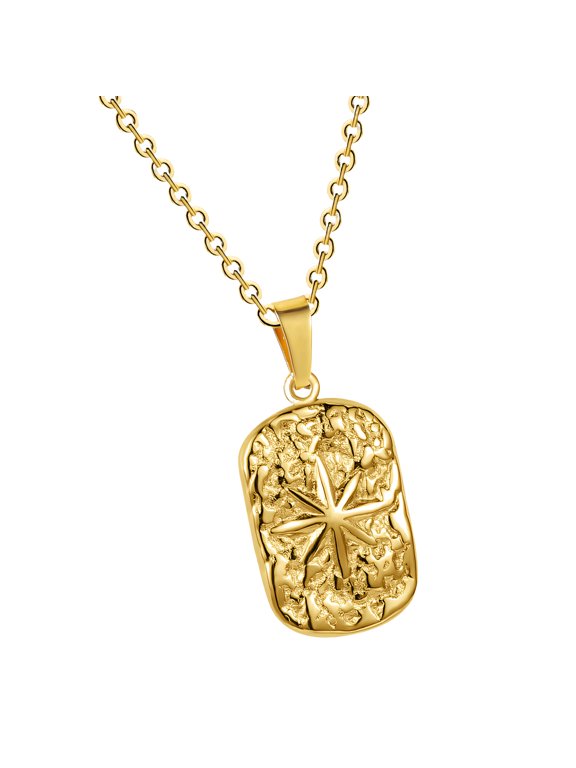 Textured Pendant Necklace Stainless Steel Rectangular Charm Sunray Detail Link Chain Jewelry Party Outfit Fashion Piece