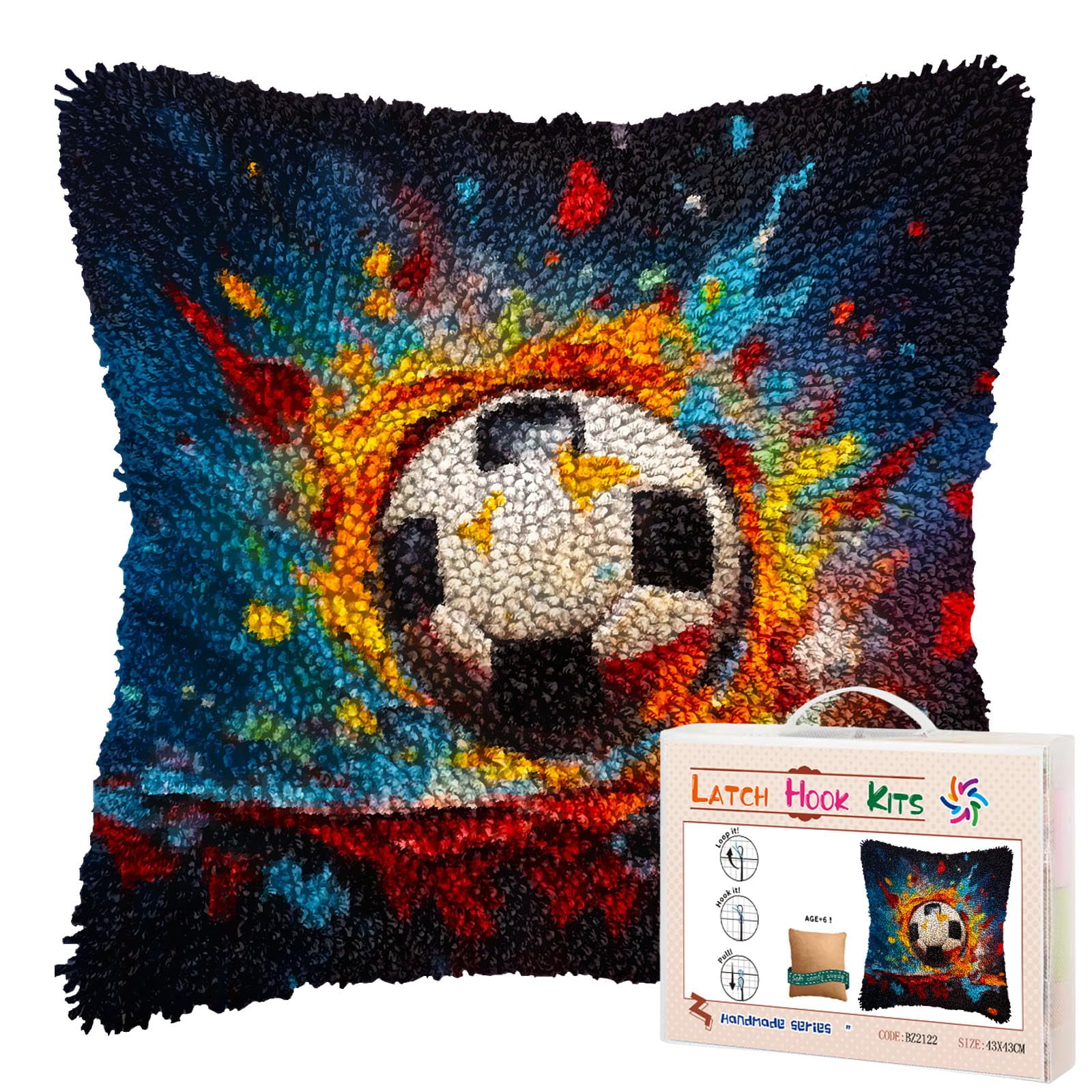 Textured Pigment Soccer Ball DIY Latch Hook Pillow Kits for Adults Printed Pillowcase Crochet Yarns Hooking Handmade Pillow Cover Cushion for Home Sofa Decoration 17x17inch