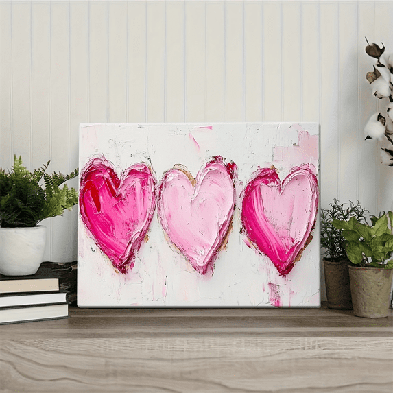 Textured Pink Triple Heart Canvas Wall Decor Ready to Hang Bedroom