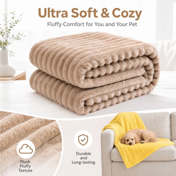 Textured Plush Fuzzy Throw Blanket Soft Warm Neutral Fleece Throw for Couch Bed Pets Light Camel