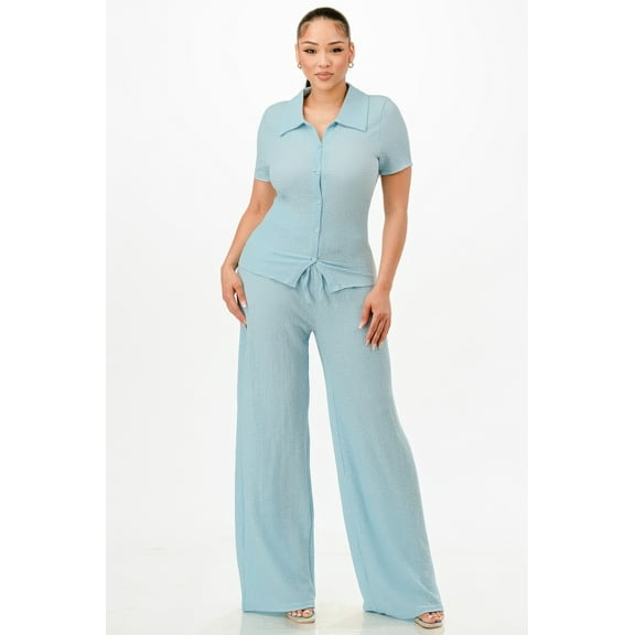 Textured Polo Top And Pants Set