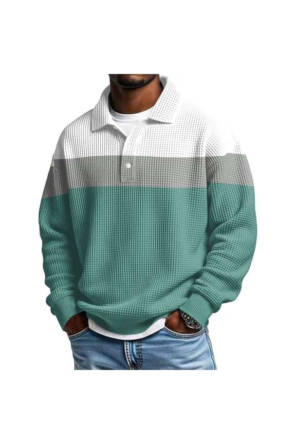 Textured Rugby Polo Shirt for Men Long Sleeve Waffle Knit Color Blocked Striped Loose fit Casual Henley Pullover Top Winter 2026 Turquoise L