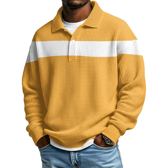 Textured Rugby Polo Shirt for Men Long Sleeve Waffle Knit Color Blocked Striped Loose fit Casual Henley Pullover Top Winter 2026 Yellow S