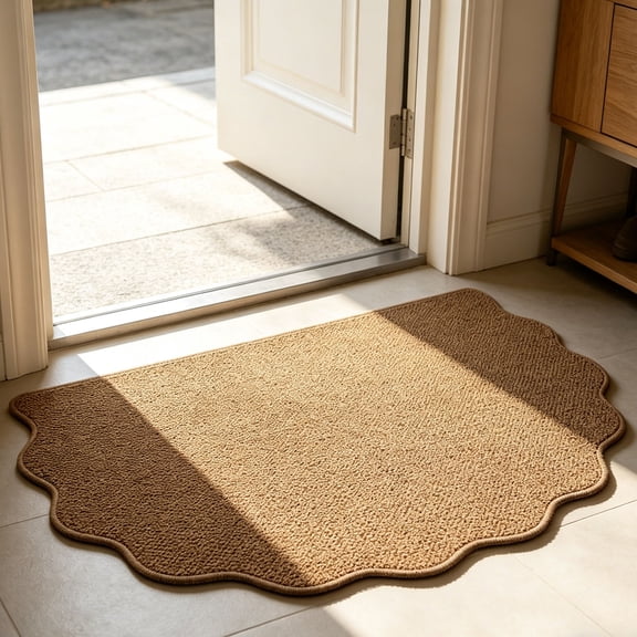 Textured Scalloped Jute Look Entryway Rug, Natural Indoor Doormat, Absorbent Pineapple Weave Floor Covering for Home Entrance