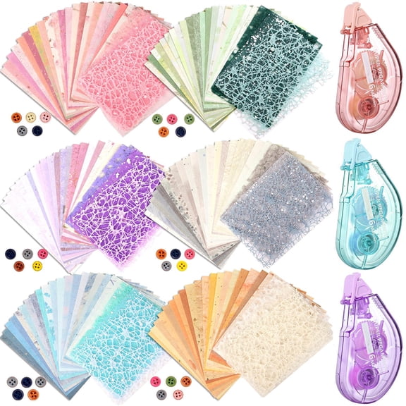 Textured Scrapbook Paper and Mesh Set, 156 Sheets 6 Pack Mixed Paper, 5.5x4 Inch for Scrapbooking, Planner, Bullet Journal, Junk Journal Supplies, with Vintage Buttons, Tape