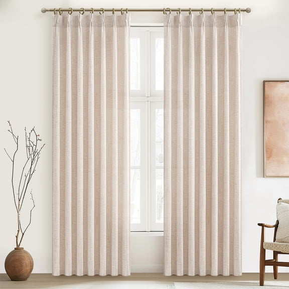 Textured Semi Sheer Burlap Curtains 84 Inches Long Neutral Country Tan Beige Flax Linen Ceiling Track Light Filtering For Sliding Glass Door/ofiice 2 Panels Hooks Drape