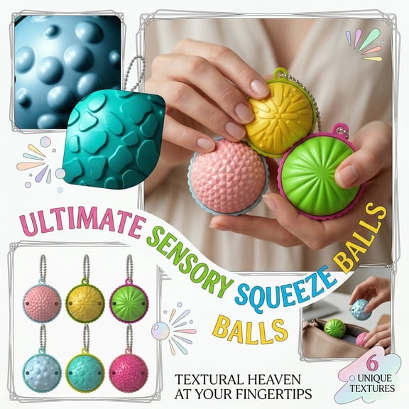 Textured Sensory Squeeze Balls 6 Pack Soft Rubber Stress Relief Fidget Set for Hand Exercise Focus Relaxation Travel Portable Calming Desk Accessory