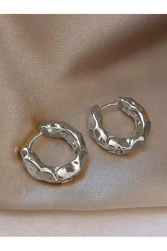 Textured Silver-Tone Organic Wave Hoop Earrings With Polished Finish On Copper Base