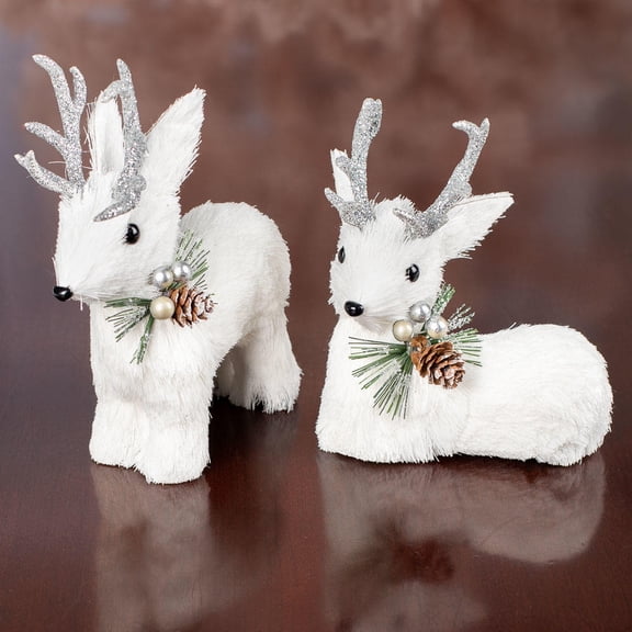 Factory Direct Craft White & Silver Christmas Sisal Deer Figurines, Set of 2, Glittered Woodland Reindeer Tabletop Holiday Decorations