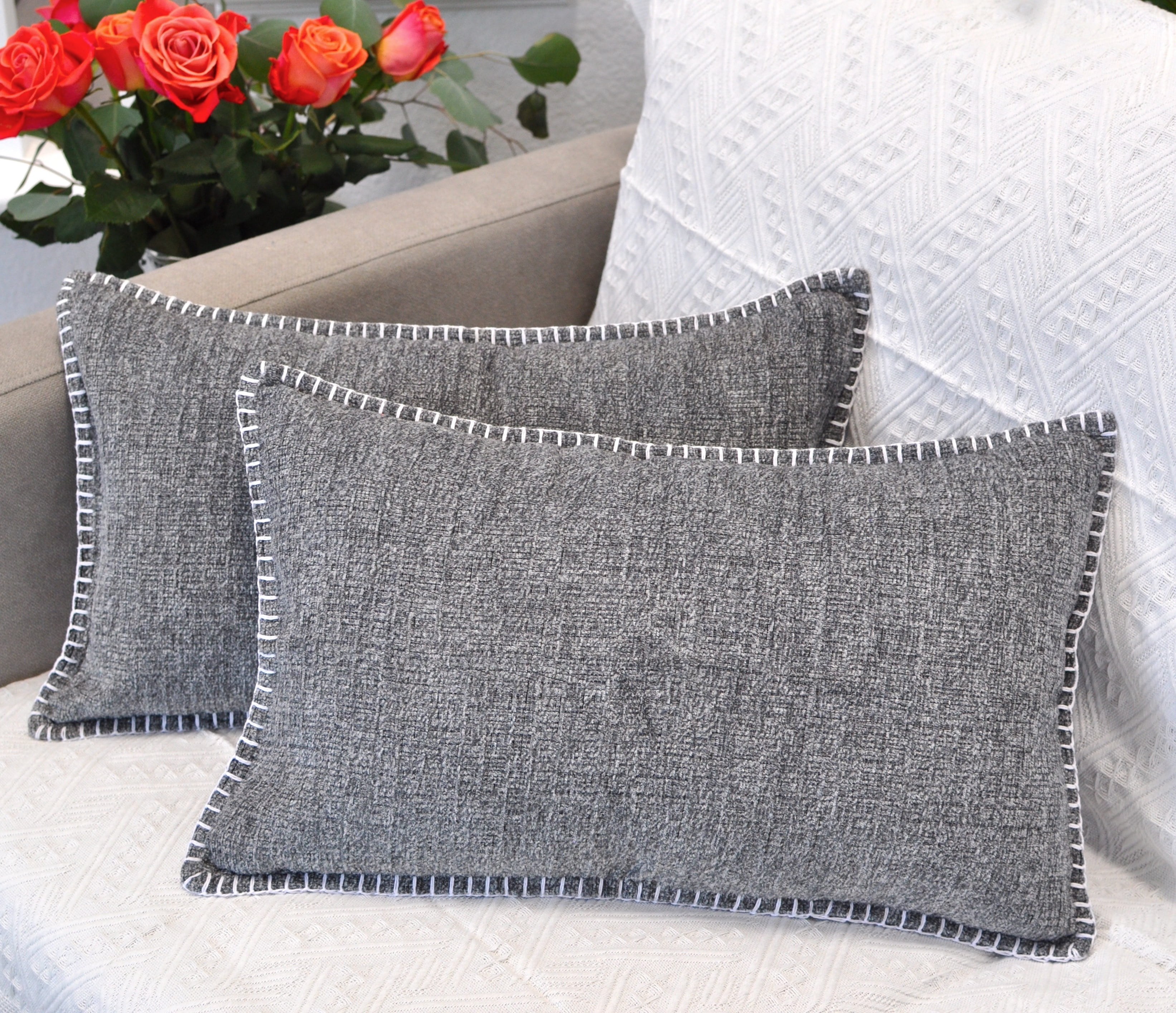 Textured Small Lumbar Pillow Covers 12 x 20 inch, Heather Grey Set