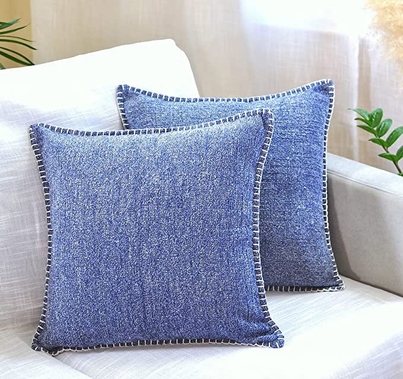 Navy Blue Chenille Square Throw Pillow Covers with Piped Edges, Set of 2
