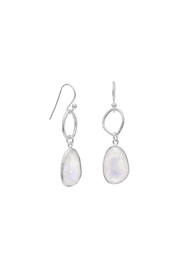 Textured Sterling Silver French Wire Earrings Rainbow Moonstone Drops - freeform stones will vary