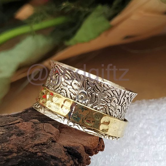 Textured Sterling Silver Spinner Ring: Two-Tone Meditation Band