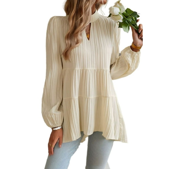 Textured Striped Cutout Front Tiered Peplum Hem Blouse for Women Light Beige Large