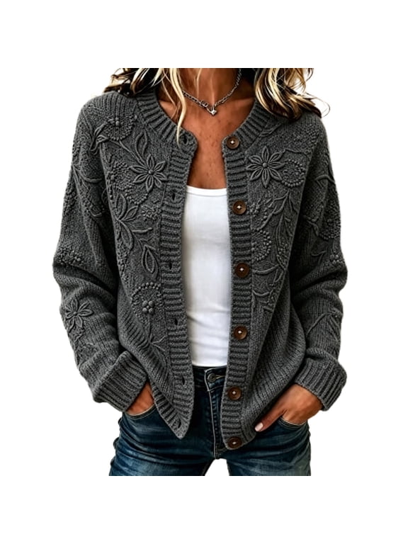 Textured Striped Print Cardigan for Women, Trendy Button Down Crew Neck Long Sleeve Fall Solid Color Loose Fit Casual Sweater Dark Gray 3XL