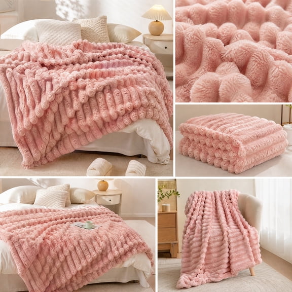 Textured Striped Throw Blanket Soft Fuzzy Ribbed Warm Cozy Blanket for Couch Sofa Bed All Season Home Decor