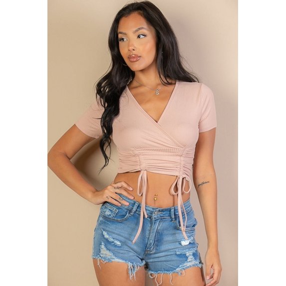 Textured Surplice Top with Ruched Drawstring