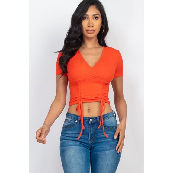 Textured Surplice Top with Ruched Drawstring
