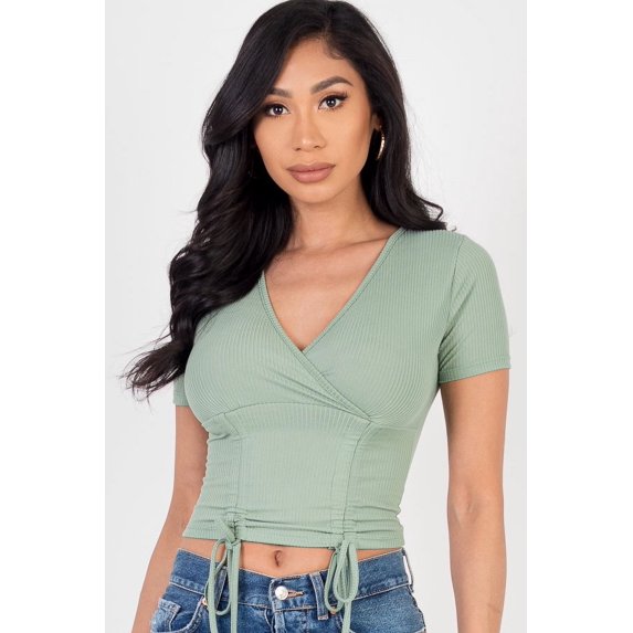Textured Surplice Top with Ruched Drawstring