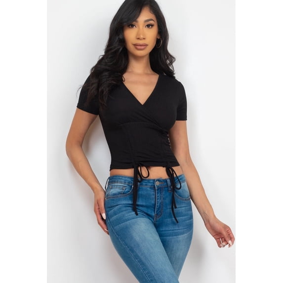 Textured Surplice Top with Ruched Drawstring