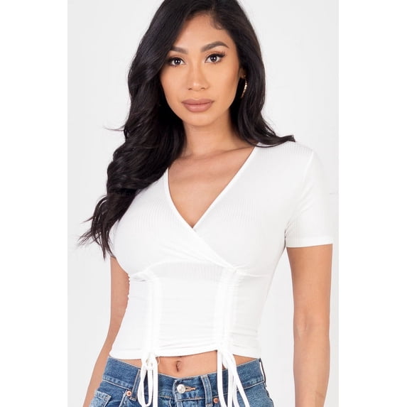 Textured Surplice Top with Ruched Drawstring