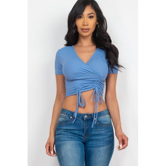 Textured Surplice Top with Ruched Drawstring