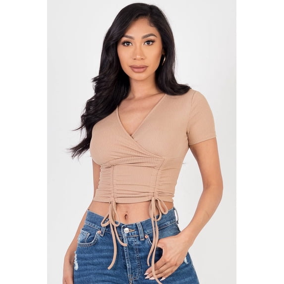 Textured Surplice Top with Ruched Drawstring