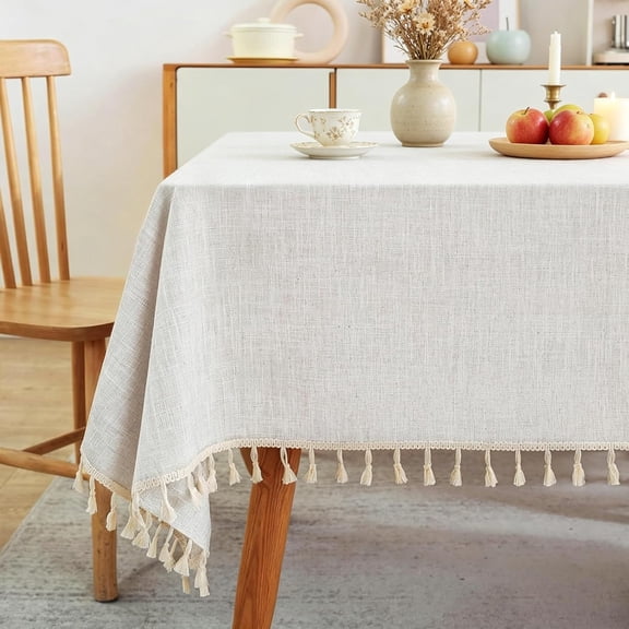 Textured Table cloth for Rectangle table, Heavy Duty Farmhouse Tablecloth Solid Cotton Linen Waterproof Wrinkle Free Burlap Tables Cover for Kitchen Dining,Party, Ivory 55''x120'',10-12 Seats