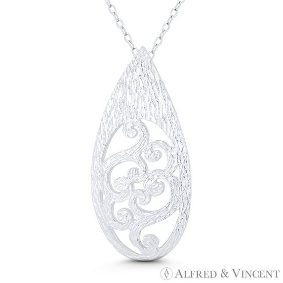 Textured Tear-Drop & Swirl Charm 37x18mm (1.5x0.7in) Pendant in .925 Sterling Silver