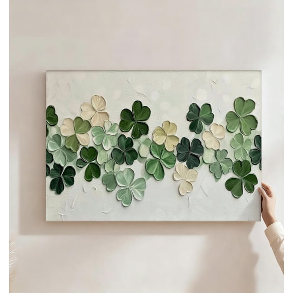 Textured Three-Leaf Clover Canvas Wall Art, 2D Impasto Floral Decor, Green And Cream Lucky Shamrock Artwork For Living Room, Entryway, St. Patrick’s Day, Ready To Hang