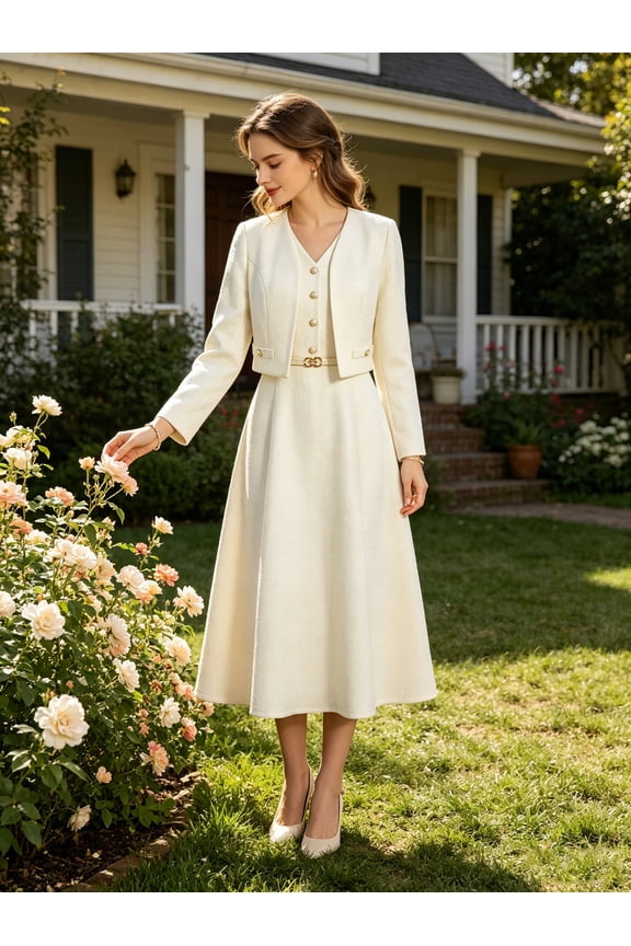 Textured Tweed Style 2 Piece Dress Set with Pearl Buttons Cropped Jacket and V Neck A Line Maxi Dress Elegant Outfit for Office and Bridal Shower
