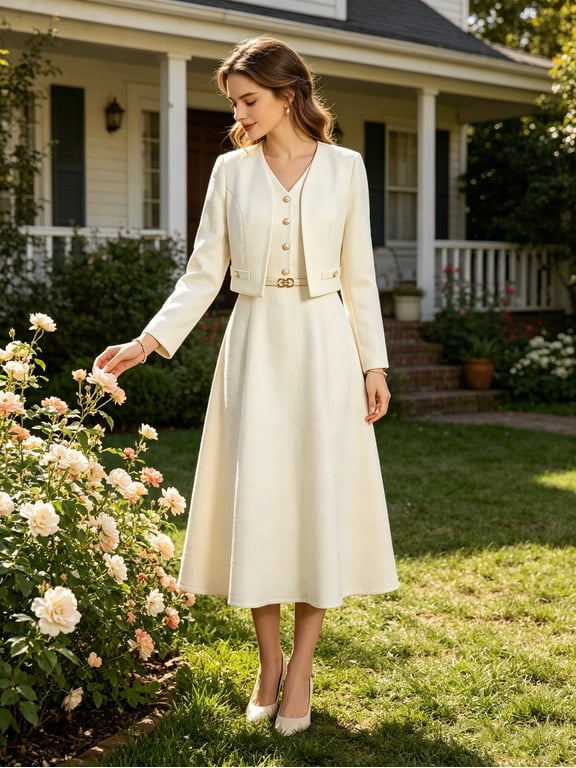 Textured Tweed Style 2 Piece Dress Set with Pearl Buttons Cropped Jacket and V Neck A Line Maxi Dress Elegant Outfit for Office and Bridal Shower