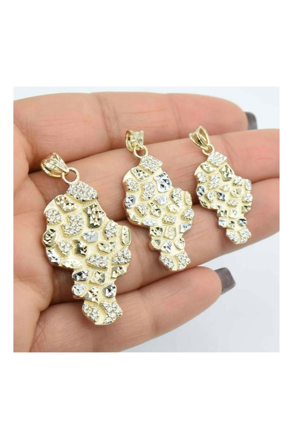 CZ Textured Nugget Unisex Adult Pendant 10K Yellow White Gold, 7.24 Gr – Goldum NYC