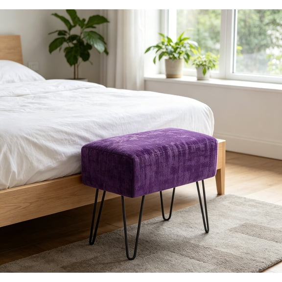 Textured Velvet Ottoman, 19"x13"x17", Imperial Purple, Fuzzy Entryway Ottoman Bench for Living Room, Bedroom, End of Bed, Decorative Makeup Stool Foot Rest Chair