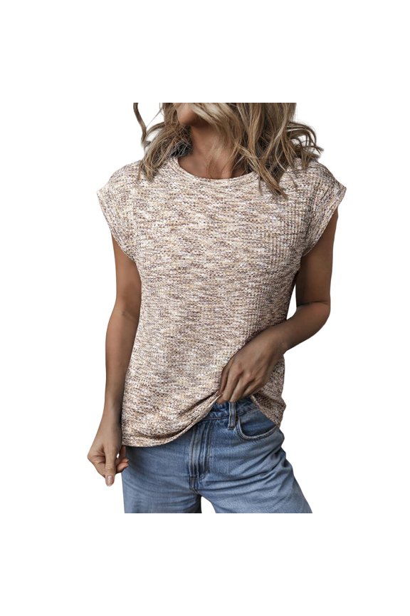 Textured Waffle-Knit Essential 2024 Spring Drop-Shoulder Tee Cotton, Minimalist Wardrobe Staple for Runs, Beige Spring And Summer Women's Fashionable Round Neck Solid Color Loose Short Sleeved