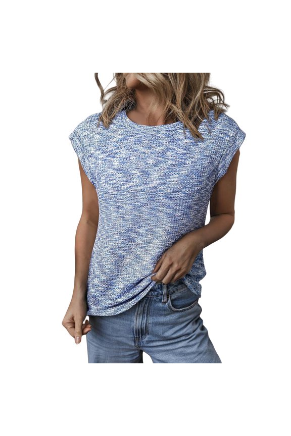 Textured Waffle-Knit Essential | 2024 Spring Drop-Shoulder Tee Cotton, Minimalist Wardrobe Staple for Runs, Blue Spring And Summer Women's Fashionable Round Neck Solid Color Loose Short Sleeved Top