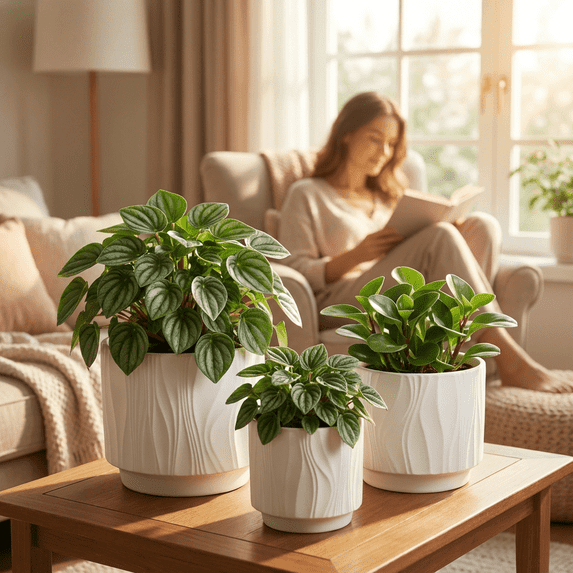 Stoneware Round Planter Set of 3 with Drainage Holes, White Textured ...