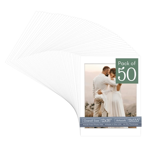 Textured White Picture Frame Mat for 12x16 Frames - Fits 11x13.5 Photos - 50 Mats