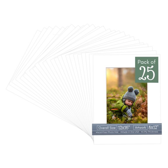 Textured White Picture Frame Mat for 12x16 Frames - Fits 8x12 Photos - 25 Mats