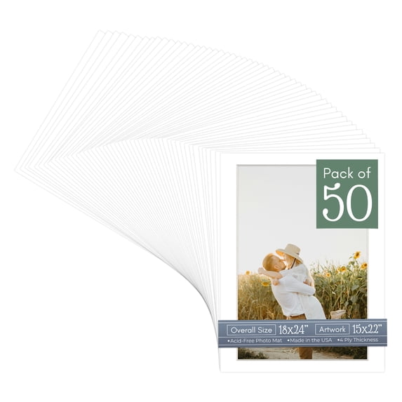 Textured White Picture Frame Mat for 18x24 Frames - Fits 15x22 Photos - 50 Mats