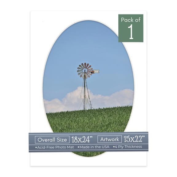 Textured White Picture Frame Mat for 18x24 Frames - Oval Opening for 15x22 Photos - 1 Mat