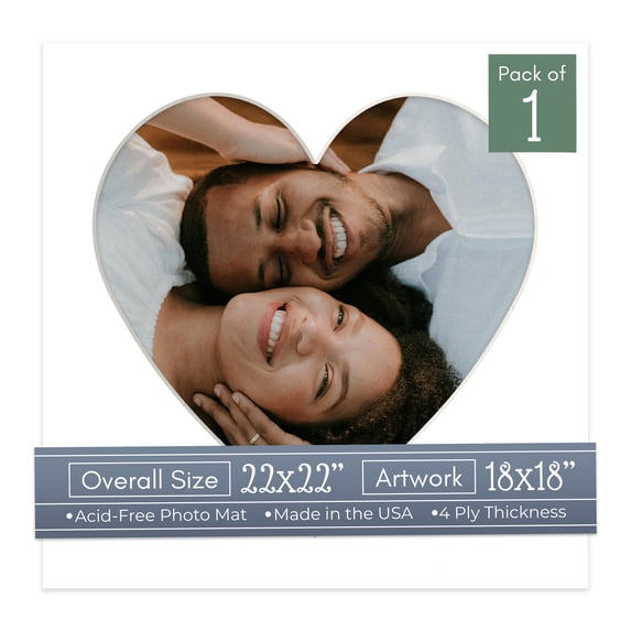 Textured White Picture Frame Mat for 22x22 Frames - Heart Opening for 18x18 Photos - 1 Mat
