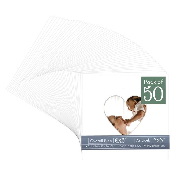 Textured White Picture Frame Mat for 6x6 Frames - Heart Opening for 3x3 Photos - 50 Mats