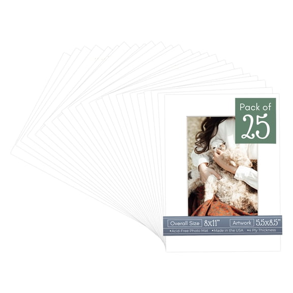 Textured White Picture Frame Mat for 8x11 Frames - Fits 5.5x8.5 Photos - 25 Mats