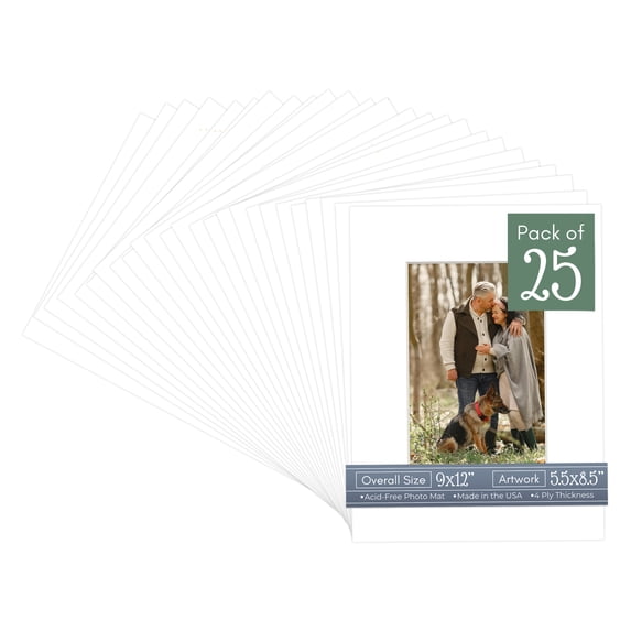 Textured White Picture Frame Mat for 9x12 Frames - Fits 5.5x8.5 Photos - 25 Mats