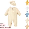 thumbnail image 1 of Teyfeniy 0.5-2T Toddlers Baby Rompers with Matching Hat 2 Piece Set Button Down Jumpsuits Long Sleeve Cute Comfy Casual Crew Neck Newborn Infant Outfit Set, 1 of 6
